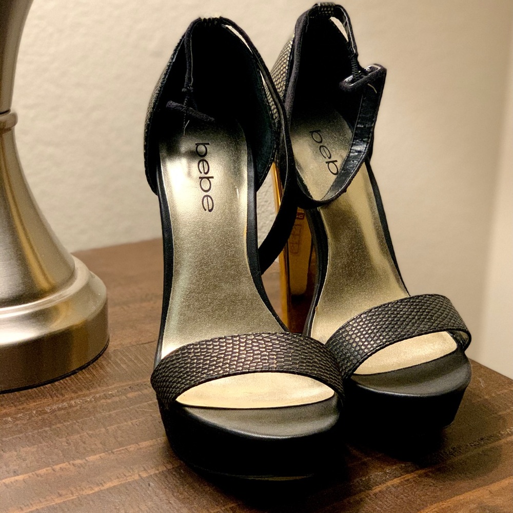 Bebe Black & Gold Platform Sandals